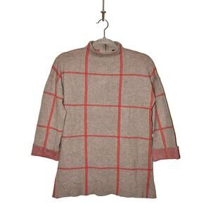 TAHARI $78‎ Mock Neck 3/4 Sleeve Tunic Sweater Gray/Red Check Small